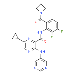 ChemSpider 2D Image | N-[6-(1-Azetidinylcarbonyl)-2,3-difluorophenyl]-6-cyclopropyl-3-(5-pyrimidinylamino)-2-pyrazinecarboxamide | C22H19F2N7O2