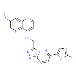 ChemSpider 2D Image | 7-Methoxy-N-{[6-(2-methyl-1,3-thiazol-5-yl)[1,2,4]triazolo[4,3-b]pyridazin-3-yl]methyl}-1,5-naphthyridin-4-amine | C19H16N8OS
