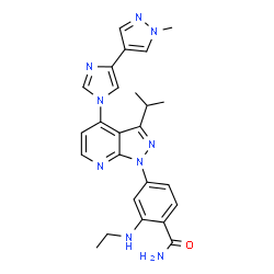 ChemSpider 2D Image | 2-(Ethylamino)-4-{3-isopropyl-4-[4-(1-methyl-1H-pyrazol-4-yl)-1H-imidazol-1-yl]-1H-pyrazolo[3,4-b]pyridin-1-yl}benzamide | C25H27N9O