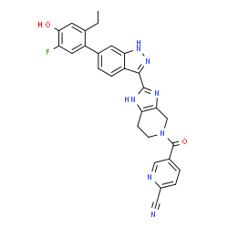 ChemSpider 2D Image | 5-({2-[6-(2-Ethyl-5-fluoro-4-hydroxyphenyl)-1H-indazol-3-yl]-1,4,6,7-tetrahydro-5H-imidazo[4,5-c]pyridin-5-yl}carbonyl)-2-pyridinecarbonitrile | C28H22FN7O2