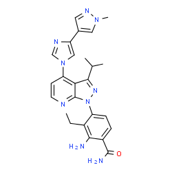 ChemSpider 2D Image | 2-Amino-3-ethyl-4-{3-isopropyl-4-[4-(1-methyl-1H-pyrazol-4-yl)-1H-imidazol-1-yl]-1H-pyrazolo[3,4-b]pyridin-1-yl}benzamide | C25H27N9O