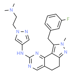 ChemSpider 2D Image | N-{1-[2-(Dimethylamino)ethyl]-1H-pyrazol-4-yl}-9-(3-fluorobenzyl)-8-methyl-6,8-dihydro-5H-pyrazolo[3,4-h]quinazolin-2-amine | C24H27FN8