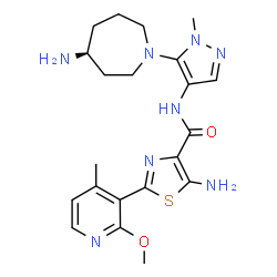 ChemSpider 2D Image | 5-Amino-N-{5-[(4S)-4-amino-1-azepanyl]-1-methyl-1H-pyrazol-4-yl}-2-(2-methoxy-4-methyl-3-pyridinyl)-1,3-thiazole-4-carboxamide | C21H28N8O2S