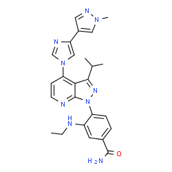 ChemSpider 2D Image | 3-(Ethylamino)-4-{3-isopropyl-4-[4-(1-methyl-1H-pyrazol-4-yl)-1H-imidazol-1-yl]-1H-pyrazolo[3,4-b]pyridin-1-yl}benzamide | C25H27N9O