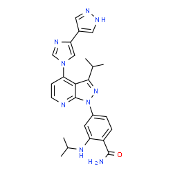 ChemSpider 2D Image | 2-(Isopropylamino)-4-{3-isopropyl-4-[4-(1H-pyrazol-4-yl)-1H-imidazol-1-yl]-1H-pyrazolo[3,4-b]pyridin-1-yl}benzamide | C25H27N9O