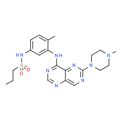 ChemSpider 2D Image | N-(4-Methyl-3-{[6-(4-methyl-1-piperazinyl)pyrimido[5,4-d]pyrimidin-4-yl]amino}phenyl)-1-propanesulfonamide | C21H28N8O2S