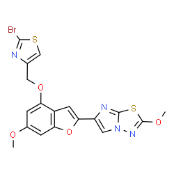ChemSpider 2D Image | 6-{4-[(2-Bromo-1,3-thiazol-4-yl)methoxy]-6-methoxy-1-benzofuran-2-yl}-2-methoxyimidazo[2,1-b][1,3,4]thiadiazole | C18H13BrN4O4S2