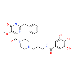 ChemSpider 2D Image | N-(3-{4-[(2-Benzyl-5-methoxy-1-methyl-6-oxo-1,6-dihydro-4-pyrimidinyl)carbonyl]-1-piperazinyl}propyl)-3,4,5-trihydroxybenzamide | C28H33N5O7