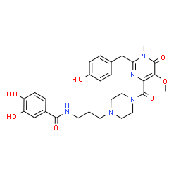 ChemSpider 2D Image | 3,4-Dihydroxy-N-[3-(4-{[2-(4-hydroxybenzyl)-5-methoxy-1-methyl-6-oxo-1,6-dihydro-4-pyrimidinyl]carbonyl}-1-piperazinyl)propyl]benzamide | C28H33N5O7