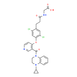 ChemSpider 2D Image | N-{3-[2,5-Dichloro-4-({3-[(4-cyclopropyl-3,4-dihydro-1(2H)-quinoxalinyl)carbonyl]-4-pyridinyl}oxy)phenyl]propanoyl}glycine | C28H26Cl2N4O5