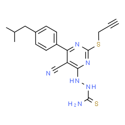 ChemSpider 2D Image | 2-[5-Cyano-6-(4-isobutylphenyl)-2-(2-propyn-1-ylsulfanyl)-4-pyrimidinyl]hydrazinecarbothioamide | C19H20N6S2