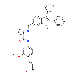 ChemSpider 2D Image | (2E)-3-[6-({[1-({[3-Cyclopentyl-1-methyl-2-(5-pyrimidinyl)-1H-indol-6-yl]carbonyl}amino)cyclobutyl]carbonyl}amino)-2-ethoxy-3-pyridinyl]acrylic acid | C34H36N6O5