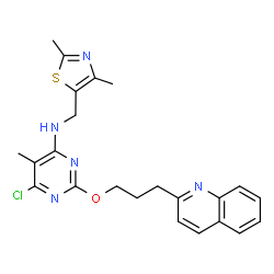ChemSpider 2D Image | 6-Chloro-N-[(2,4-dimethyl-1,3-thiazol-5-yl)methyl]-5-methyl-2-[3-(2-quinolinyl)propoxy]-4-pyrimidinamine | C23H24ClN5OS
