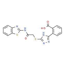 ChemSpider 2D Image | 2-(5-{[2-(1,3-Benzothiazol-2-ylamino)-2-oxoethyl]sulfanyl}-4H-1,2,4-triazol-3-yl)benzoic acid | C18H13N5O3S2
