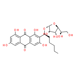 ChemSpider 2D Image | (1S)-1-(1,3,6,8-Tetrahydroxy-9,10-dioxo-9,10-dihydro-2-anthracenyl)hexyl beta-D-galactofuranoside | C26H30O12