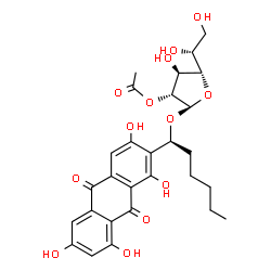 ChemSpider 2D Image | (1S)-1-(1,3,6,8-Tetrahydroxy-9,10-dioxo-9,10-dihydro-2-anthracenyl)hexyl 2-O-acetyl-beta-D-galactofuranoside | C28H32O13