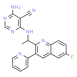 ChemSpider 2D Image | 4-Amino-6-({1-[6-fluoro-3-(2-pyridinyl)-2-quinolinyl]ethyl}amino)-5-pyrimidinecarbonitrile | C21H16FN7