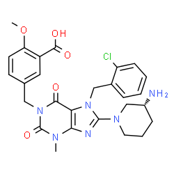 ChemSpider 2D Image | 5-({8-[(3R)-3-Amino-1-piperidinyl]-7-(2-chlorobenzyl)-3-methyl-2,6-dioxo-2,3,6,7-tetrahydro-1H-purin-1-yl}methyl)-2-methoxybenzoic acid | C27H29ClN6O5