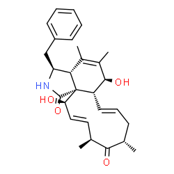ChemSpider 2D Image | (3S,3aR,6S,6aR,7E,10S,12S,13E,15R,15aR)-3-Benzyl-6,15-dihydroxy-4,5,10,12-tetramethyl-3,3a,6,6a,9,10,12,15-octahydro-1H-cycloundeca[d]isoindole-1,11(2H)-dione | C28H35NO4