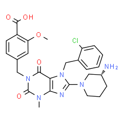 ChemSpider 2D Image | 4-({8-[(3R)-3-Amino-1-piperidinyl]-7-(2-chlorobenzyl)-3-methyl-2,6-dioxo-2,3,6,7-tetrahydro-1H-purin-1-yl}methyl)-2-methoxybenzoic acid | C27H29ClN6O5