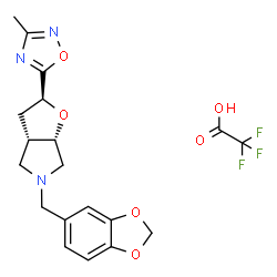 ChemSpider 2D Image | (2S,3aS,6aS)-5-(1,3-Benzodioxol-5-ylmethyl)-2-(3-methyl-1,2,4-oxadiazol-5-yl)hexahydro-2H-furo[2,3-c]pyrrole trifluoroacetate (1:1) | C19H20F3N3O6
