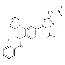 ChemSpider 2D Image | N-[4-(3-Acetamido-1-isopropyl-1H-pyrazol-5-yl)-2-(3-azabicyclo[3.1.0]hex-3-yl)phenyl]-2-chloro-6-fluoro-N-methylbenzamide | C27H29ClFN5O2