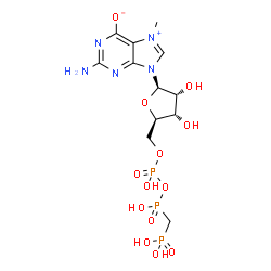 ChemSpider 2D Image | 2-Amino-9-[5-O-(hydroxy{[hydroxy(phosphonomethyl)phosphoryl]oxy}phosphoryl)-beta-D-ribofuranosyl]-7-methyl-9H-purin-7-ium-6-olate | C12H20N5O13P3