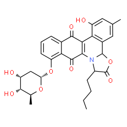 ChemSpider 2D Image | 1-Butyl-7-hydroxy-5-methyl-2,8,13-trioxo-1,2,8,13-tetrahydro-3aH-benzo[b][1,3]oxazolo[3,2-f]phenanthridin-12-yl 2,6-dideoxy-alpha-L-ribo-hexopyranoside | C30H31NO9