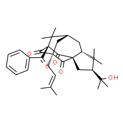 ChemSpider 2D Image | (1R,3S,5R,7R,9R,11S)-9-Benzoyl-3-(2-hydroxy-2-propanyl)-4,4,8,8-tetramethyl-11-(3-methyl-2-buten-1-yl)tetracyclo[7.3.1.1~7,11~.0~1,5~]tetradecane-10,12,13-trione | C33H42O5
