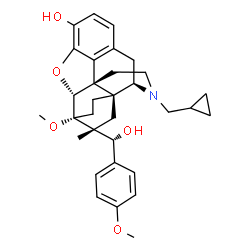 ChemSpider 2D Image | (5alpha,6beta,14beta,18R)-17-(Cyclopropylmethyl)-18-[(R)-hydroxy(4-methoxyphenyl)methyl]-6-methoxy-18-methyl-18,19-dihydro-4,5-epoxy-6,14-ethenomorphinan-3-ol | C32H39NO5
