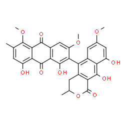 ChemSpider 2D Image | 2-(9,10-Dihydroxy-7-methoxy-3-methyl-1-oxo-3,4-dihydro-1H-benzo[g]isochromen-5-yl)-1,8-dihydroxy-3,5-dimethoxy-6-methyl-9,10-anthraquinone | C32H26O11