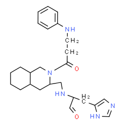 ChemSpider 2D Image | (2S)-3-(1H-Imidazol-5-yl)-2-({[(3R,4aS,8aR)-2-(N-phenyl-beta-alanyl)decahydro-3-isoquinolinyl]methyl}amino)propanal | C25H35N5O2