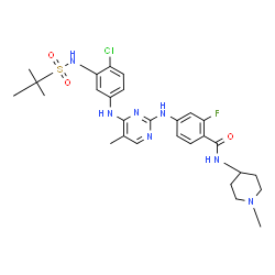 ChemSpider 2D Image | 4-({4-[(4-Chloro-3-{[(2-methyl-2-propanyl)sulfonyl]amino}phenyl)amino]-5-methyl-2-pyrimidinyl}amino)-2-fluoro-N-(1-methyl-4-piperidinyl)benzamide | C28H35ClFN7O3S