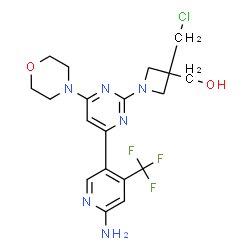 ChemSpider 2D Image | [1-{4-[6-Amino-4-(trifluoromethyl)-3-pyridinyl]-6-(4-morpholinyl)-2-pyrimidinyl}-3-(chloromethyl)-3-azetidinyl]methanol | C19H22ClF3N6O2