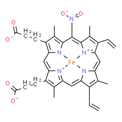ChemSpider 2D Image | [3,3'-(3,7,12,17-Tetramethyl-5-nitro-8,13-divinyl-2,18-porphyrindiyl-kappa~4~N~21~,N~22~,N~23~,N~24~)dipropanoato(4-)]iron | C34H29FeN5O6