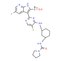 ChemSpider 2D Image | N-[(1R,3S)-3-({5-Fluoro-2-[5-fluoro-2-(hydroxymethyl)-1H-pyrrolo[2,3-b]pyridin-3-yl]-4-pyrimidinyl}amino)cyclohexyl]-1-pyrrolidinecarboxamide | C23H27F2N7O2