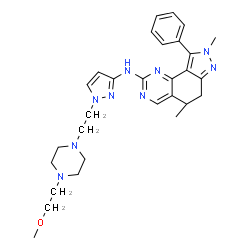 ChemSpider 2D Image | (5R)-N-(1-{2-[4-(2-Methoxyethyl)-1-piperazinyl]ethyl}-1H-pyrazol-3-yl)-5,8-dimethyl-9-phenyl-6,8-dihydro-5H-pyrazolo[3,4-h]quinazolin-2-amine | C29H37N9O