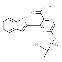 ChemSpider 2D Image | 5-{[(2S)-2-Aminopropyl]amino}-3-(1H-indol-2-yl)-2-pyrazinecarboxamide | C16H18N6O