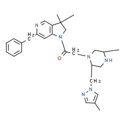 ChemSpider 2D Image | 1-(6-Benzyl-3,3-dimethyl-2,3-dihydro-1H-pyrrolo[3,2-c]pyridin-1-yl)-2-{(2R,5R)-5-methyl-2-[(4-methyl-1H-pyrazol-1-yl)methyl]-1-piperazinyl}ethanone | C28H36N6O