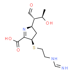 ChemSpider 2D Image | (2R,4R)-2-[(2S,3R)-3-Hydroxy-1-oxo-2-butanyl]-4-({2-[(iminomethyl)amino]ethyl}sulfanyl)-3,4-dihydro-2H-pyrrole-5-carboxylic acid | C12H19N3O4S