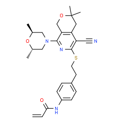 ChemSpider 2D Image | N-{4-[2-({5-Cyano-8-[(2S,6S)-2,6-dimethyl-4-morpholinyl]-3,3-dimethyl-3,4-dihydro-1H-pyrano[3,4-c]pyridin-6-yl}sulfanyl)ethyl]phenyl}acrylamide | C28H34N4O3S
