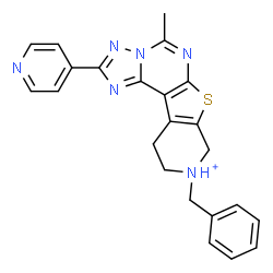 ChemSpider 2D Image | 9-Benzyl-5-methyl-2-(4-pyridinyl)-8,9,10,11-tetrahydropyrido[4',3':4,5]thieno[3,2-e][1,2,4]triazolo[1,5-c]pyrimidin-9-ium | C23H21N6S