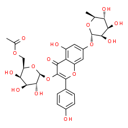 ChemSpider 2D Image | 7-[(6-Deoxy-alpha-L-mannopyranosyl)oxy]-5-hydroxy-2-(4-hydroxyphenyl)-4-oxo-4H-chromen-3-yl 6-O-acetyl-beta-D-galactopyranoside | C29H32O16