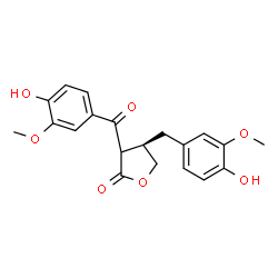 ChemSpider 2D Image | (4R)-3-(4-Hydroxy-3-methoxybenzoyl)-4-(4-hydroxy-3-methoxybenzyl)dihydro-2(3H)-furanone | C20H20O7