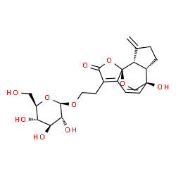 ChemSpider 2D Image | 2-[(1R,8R,9S,13S)-8-Hydroxy-12-methylene-3-oxo-2,14-dioxatetracyclo[6.5.2.0~1,5~.0~9,13~]pentadeca-4,6-dien-4-yl]ethyl beta-D-glucopyranoside | C22H28O10