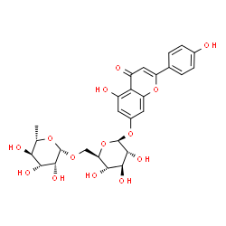 ChemSpider 2D Image | 5-Hydroxy-2-(4-hydroxyphenyl)-4-oxo-4H-chromen-7-yl 6-O-(6-deoxy-beta-L-mannopyranosyl)-beta-D-glucopyranoside | C27H30O14