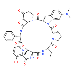 ChemSpider 2D Image | N-{(9S,10R,13S,15aS,22S,24aS)-22-[4-(Dimethylamino)benzyl]-6-ethyl-10,23-dimethyl-5,8,12,15,17,21,24-heptaoxo-13-phenyldocosahydro-12H-pyrido[2,1-f]pyrrolo[2,1-l][1,4,7,10,13,16]oxapentaazacyclononade
cin-9-yl}-3-hydroxy-2-pyridinecarboxamide | C45H54N8O10