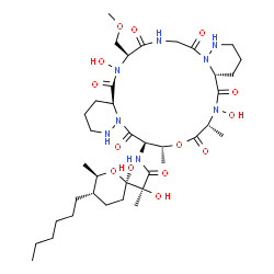 ChemSpider 2D Image | (2S)-N-[(4aS,7S,16aR,19R,22R,23R)-6,18-Dihydroxy-7-(methoxymethyl)-19,22-dimethyl-5,8,11,17,20,24-hexaoxodocosahydro-13H,22H-dipyridazino[6,1-f:6',1'-o][1,4,7,10,13,16]oxapentaazacyclononadecin-23-yl]
-2-[(2R,5S,6R)-5-hexyl-2-hydroxy-6-methyltetrahydro-2H-pyran-2-yl]-2-hydroxypropanamide | C38H64N8O14