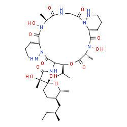 ChemSpider 2D Image | (2S)-N-[(4aR,7S,16aR,19R,22S)-6,18-Dihydroxy-22-isopropyl-7,19-dimethyl-5,8,11,17,20,24-hexaoxodocosahydro-13H,22H-dipyridazino[6,1-f:6',1'-o][1,4,7,10,13,16]oxapentaazacyclononadecin-23-yl]-2-hydroxy
-2-{(2R,5R,6R)-2-hydroxy-6-methyl-5-[(2S)-2-methylbutyl]tetrahydro-2H-pyran-2-yl}propanamide | C38H64N8O13