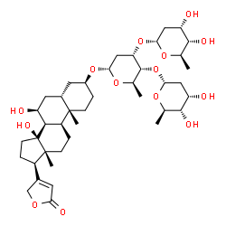 ChemSpider 2D Image | (3beta,5beta,7beta,8alpha)-3-{[2,6-Dideoxy-alpha-D-ribo-hexopyranosyl-(1->3)-[2,6-dideoxy-alpha-D-ribo-hexopyranosyl-(1->4)]-2,6-dideoxy-alpha-D-ribo-hexopyranosyl]oxy}-7,14-dihydroxycard-20(22)-enoli
de | C41H64O14